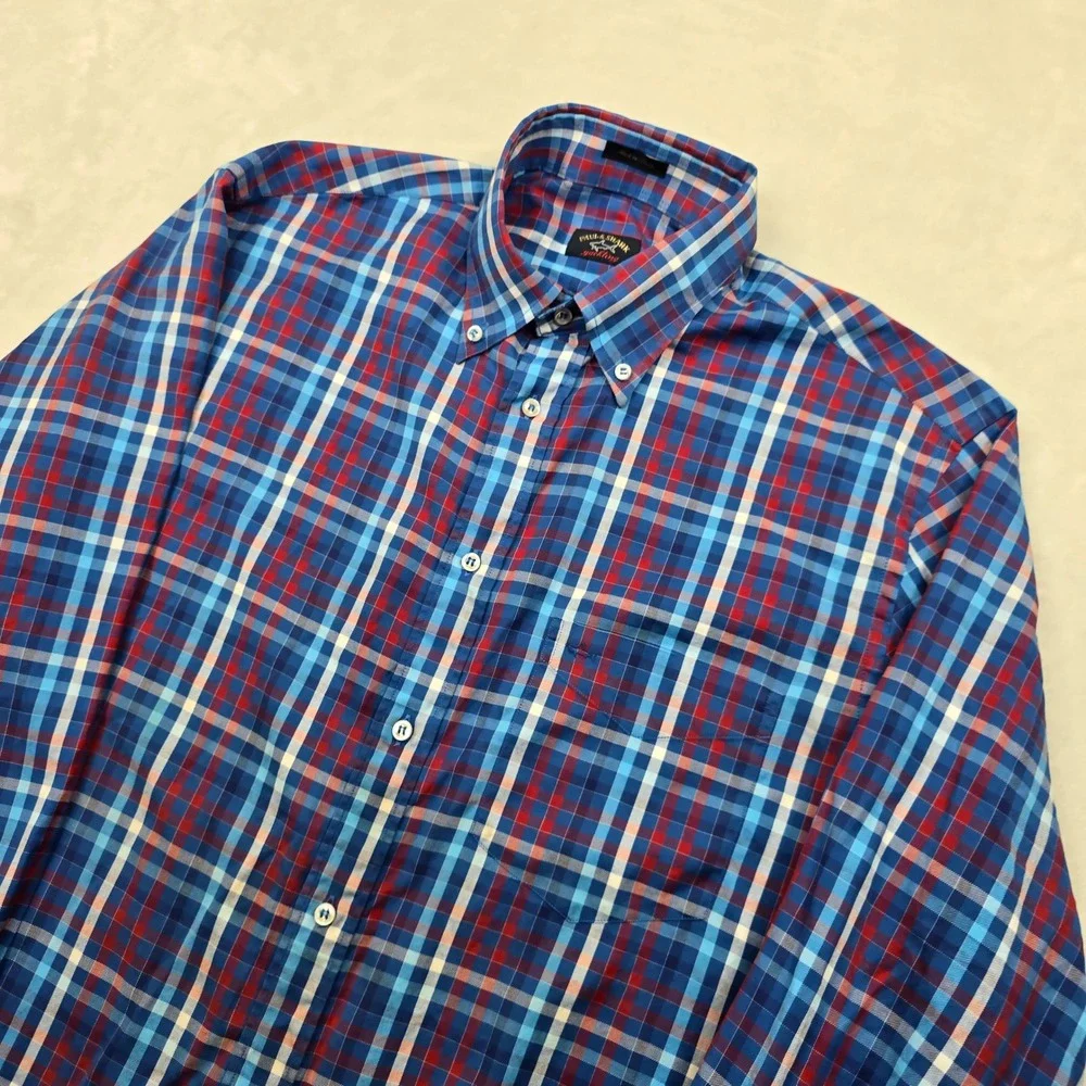 Paul & Shark Yachting Shirt Mens 42 Large Blue Red Plaid Long‎ Sleeve Italy Made